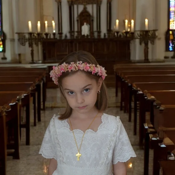 White Lace Dress with Floral Headband First Communion Gown
